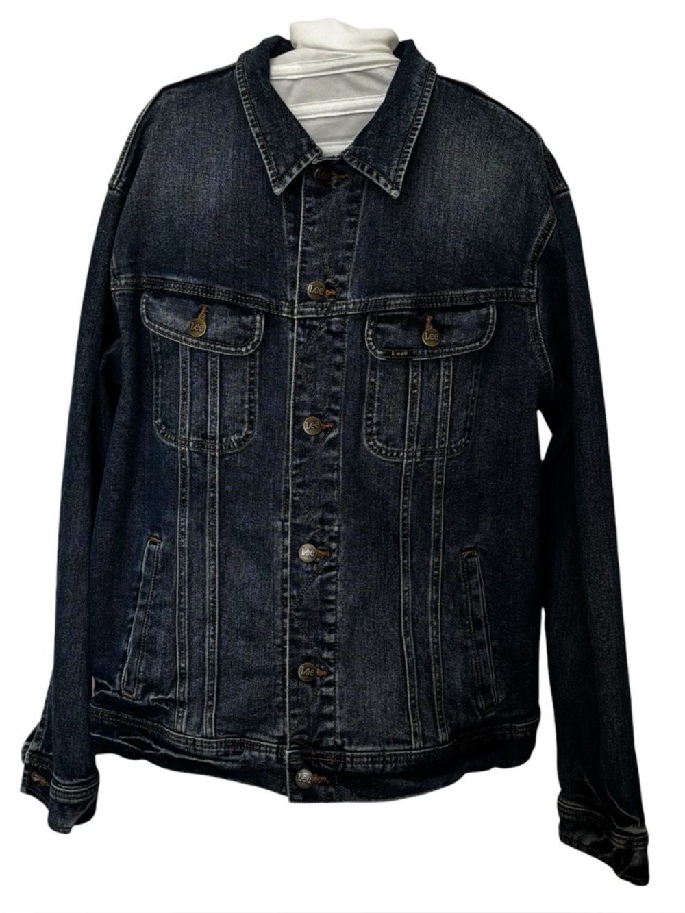 Lee Men's XL Dark Wash Denim Trucker Jacket Stretch Jean Coat Premium Outerwear